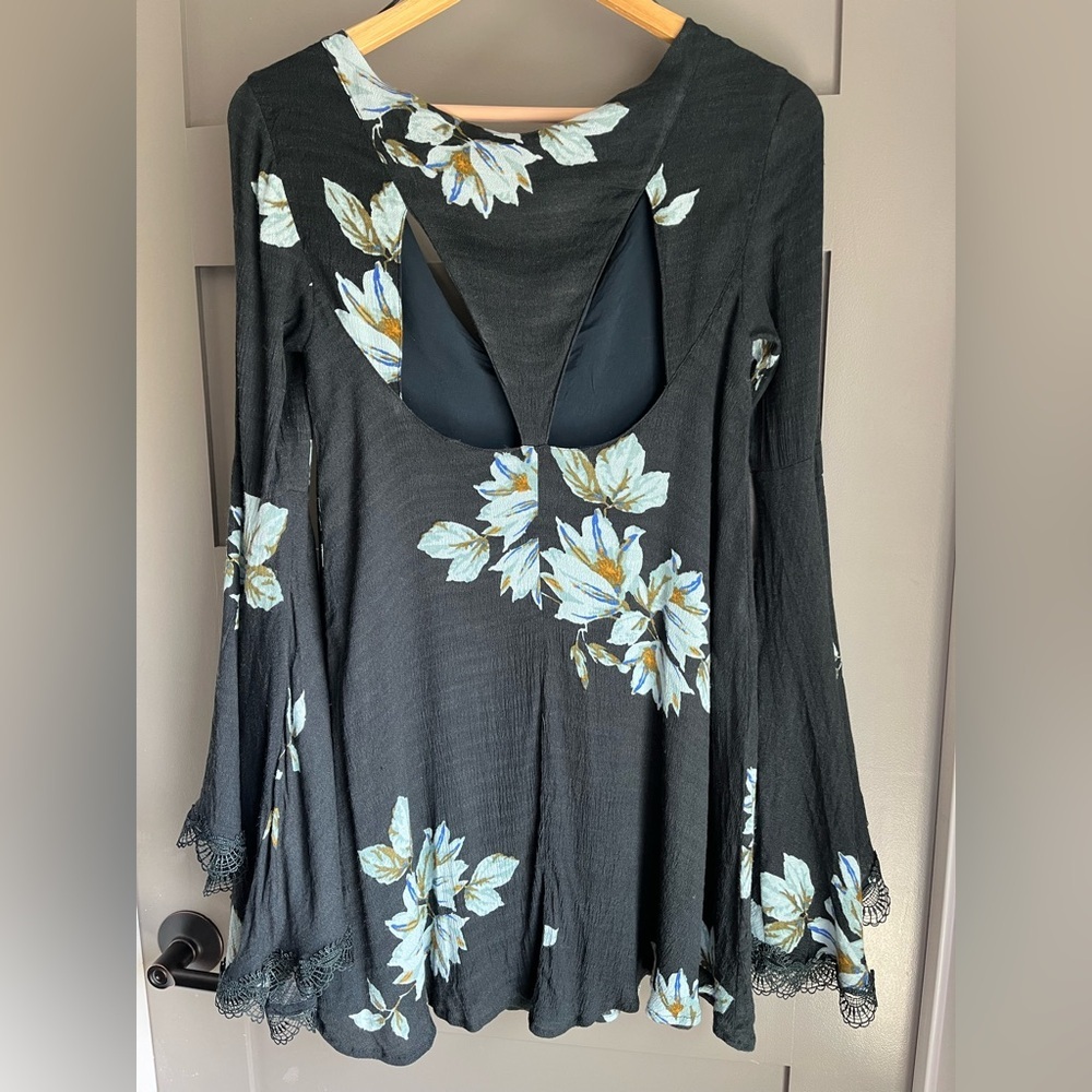 Free People Wanderer Mini Dress Dark Blue Floral Cut Out Bell Sleeves